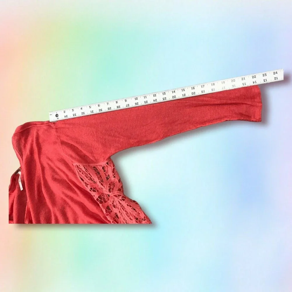 Free People Top‎ S orange/coral oversize sheer lace sides boho Linen Blend mesh